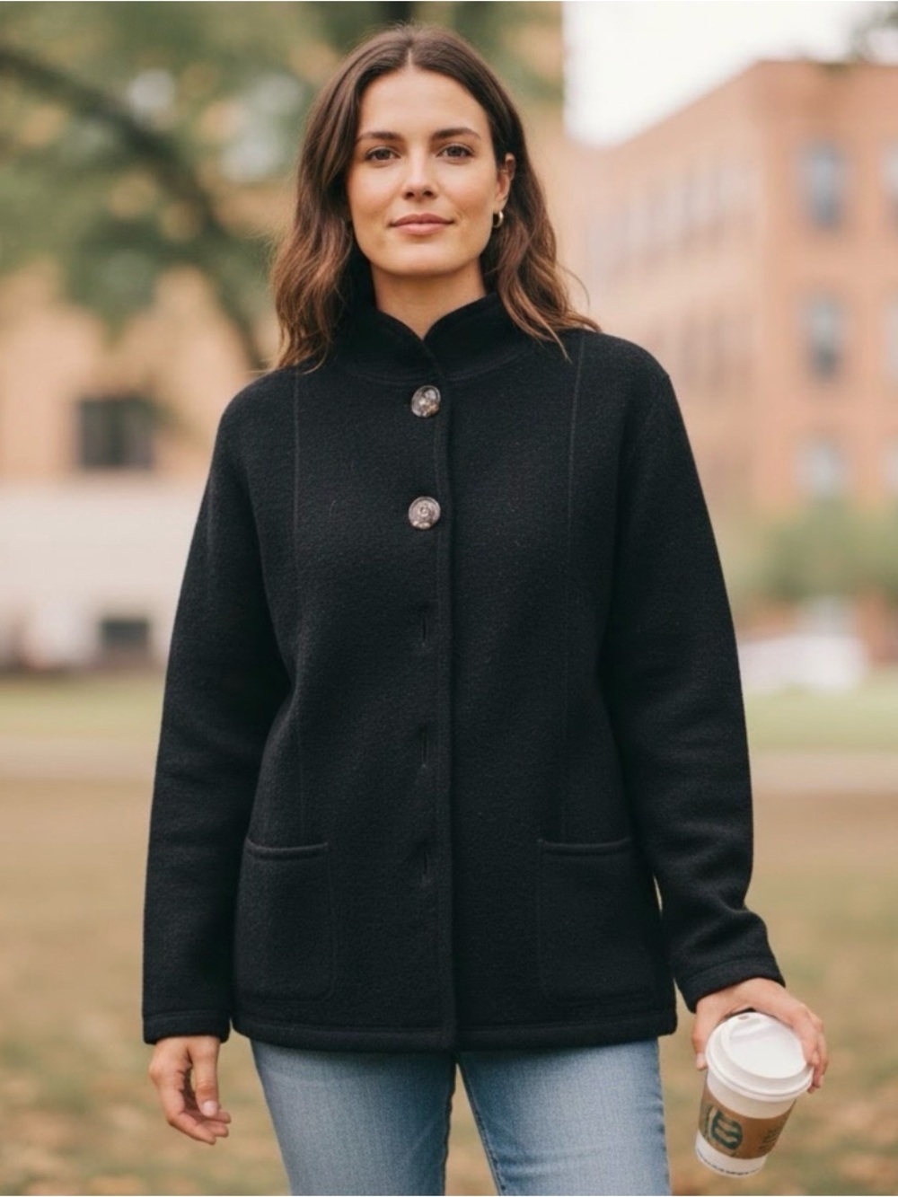 Kate Hill Womens Large 100% Wool Cardigan Jacket Black Leather Buttons Pockets